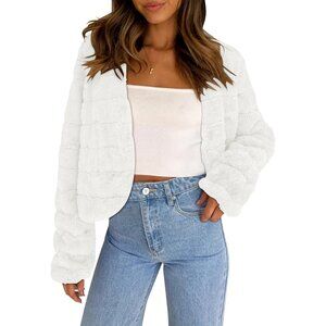 Women's Faux Fur Coats Fleece Cropped Jacket Long Sleeve Shaggy Warm White